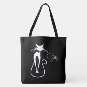 Whimsical Skinny White Cat Personal Black Tote Bag