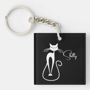 Whimsical Skinny White Cat Personal Key Ring