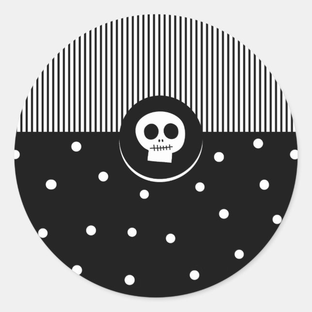 Whimsical Skull Black & White Polka Dots & Stripes Classic Round Sticker (Front)