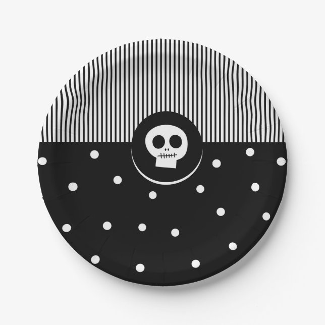 Whimsical Skull Black & White Polka Dots & Stripes Paper Plate (Front)