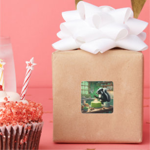 Whimsical Skunk lights candles on Cake Square Sticker