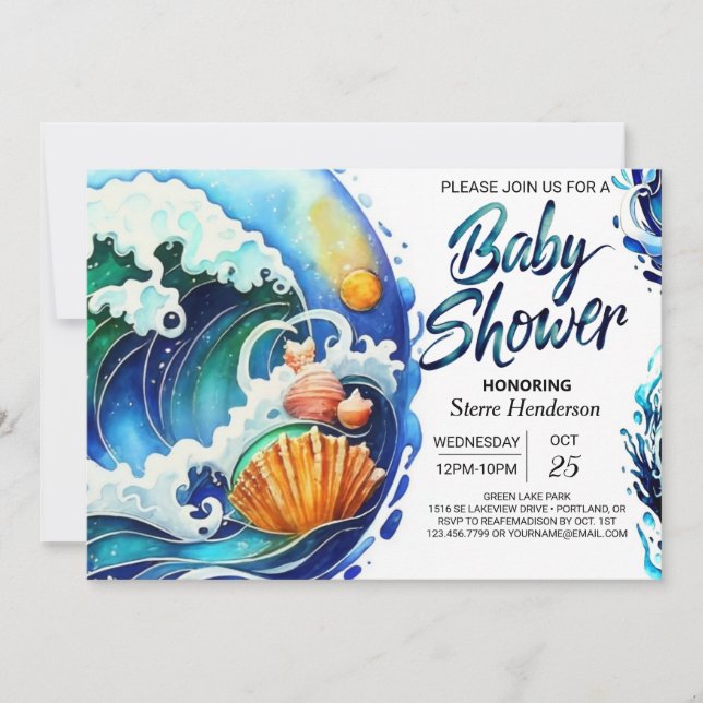 Whimsical Sky Blue Waves Baby Shower Invitation (Front)