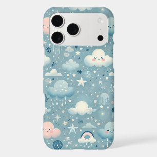 Whimsical Sky Pattern with Clouds, Stars - Blue