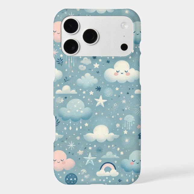 Whimsical Sky Pattern with Clouds, Stars - Blue (Back)