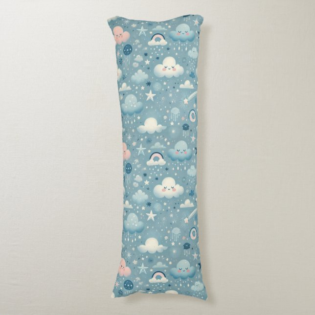 Whimsical Sky Pattern with Clouds, Stars - Blue Body Cushion (Front Vertical)