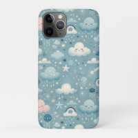 Whimsical Sky Pattern with Clouds, Stars - Blue