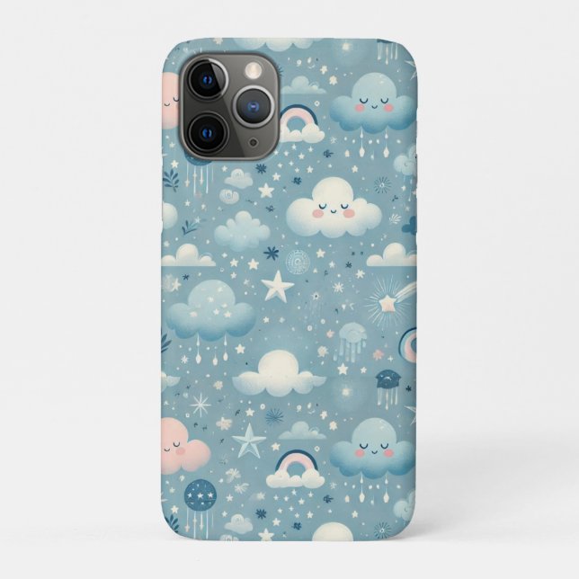 Whimsical Sky Pattern with Clouds, Stars - Blue Case-Mate iPhone Case (Back)