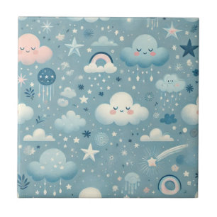 Whimsical Sky Pattern with Clouds, Stars - Blue Ceramic Tile