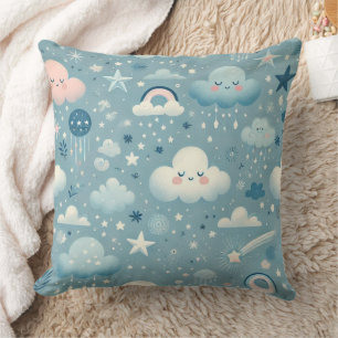 Whimsical Sky Pattern with Clouds, Stars - Blue Cushion