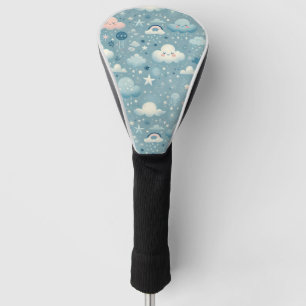 Whimsical Sky Pattern with Clouds, Stars - Blue Golf Head Cover