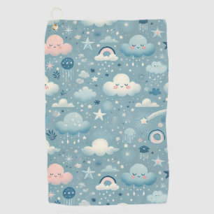 Whimsical Sky Pattern with Clouds, Stars - Blue Golf Towel