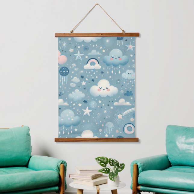 Whimsical Sky Pattern with Clouds, Stars - Blue Hanging Tapestry (Living Room)