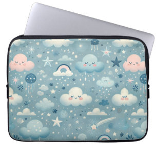 Whimsical Sky Pattern with Clouds, Stars - Blue Laptop Sleeve