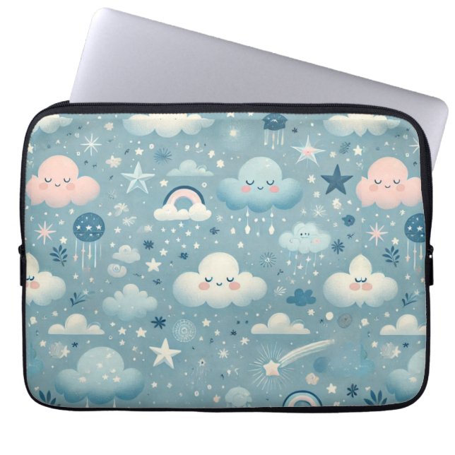 Whimsical Sky Pattern with Clouds, Stars - Blue Laptop Sleeve (Front)