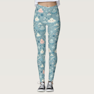 Whimsical Sky Pattern with Clouds, Stars - Blue Leggings
