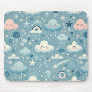 Whimsical Sky Pattern with Clouds, Stars - Blue Mouse Pad