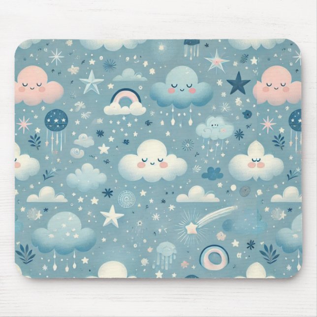 Whimsical Sky Pattern with Clouds, Stars - Blue Mouse Pad (Front)