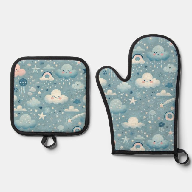 Whimsical Sky Pattern with Clouds, Stars - Blue Oven Mitt & Pot Holder Set (Front)