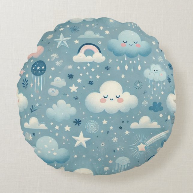 Whimsical Sky Pattern with Clouds, Stars - Blue Round Cushion (Front)