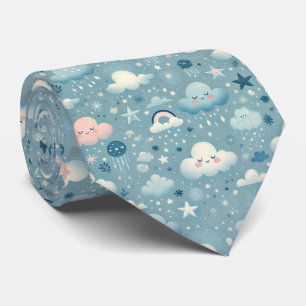 Whimsical Sky Pattern with Clouds, Stars - Blue Tie