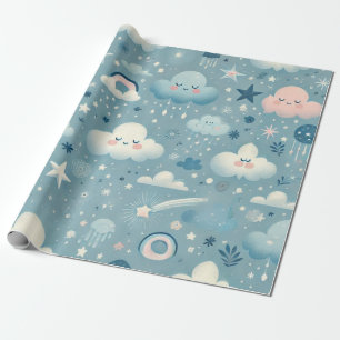 Whimsical Sky Pattern with Clouds, Stars - Blue Wrapping Paper