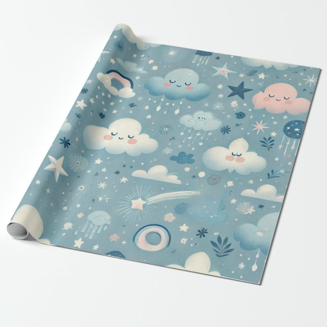 Whimsical Sky Pattern with Clouds, Stars - Blue Wrapping Paper (Unrolled)