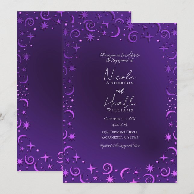 Whimsical Sky Swirls Purple Celestial Engagement   Invitation (Front/Back)