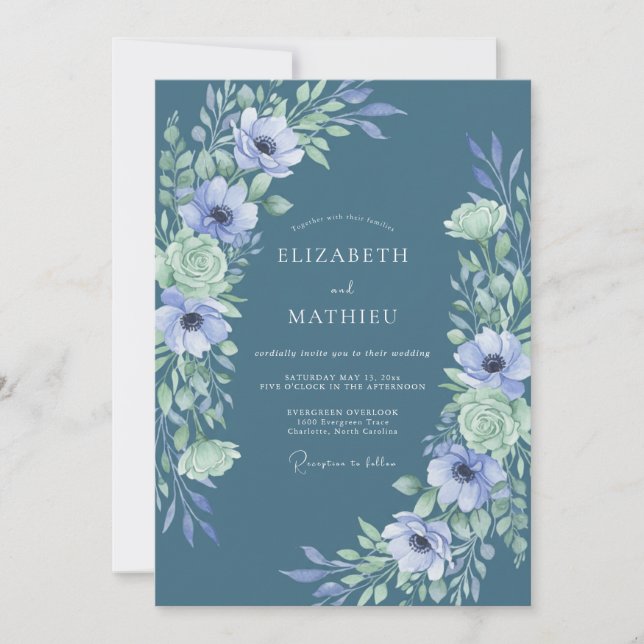 Whimsical Slate Periwinkle Anemone Wedding Invitation (Front)