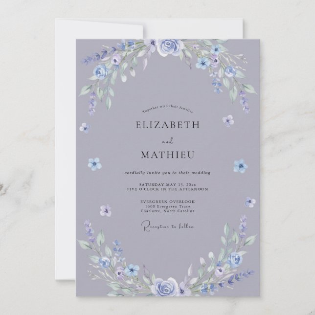 Whimsical Slate Periwinkle Wildflower Wedding Invitation (Front)