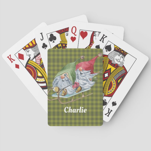 Whimsical Sledding Gnomes Personalised  Playing Cards (Back)