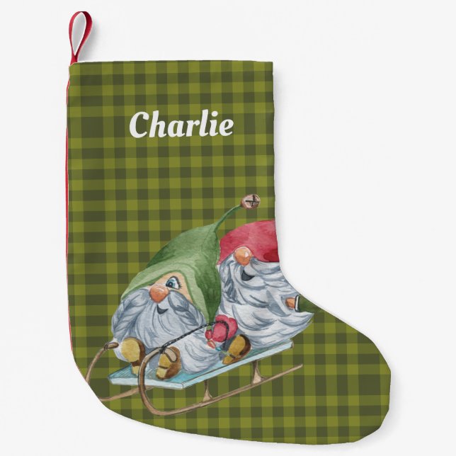 Whimsical Sledding Gnomes Personalised  Small Christmas Stocking (Front)