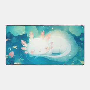 Whimsical Sleeping Axolotl Glowing Lotus Pond Art Desk Mat