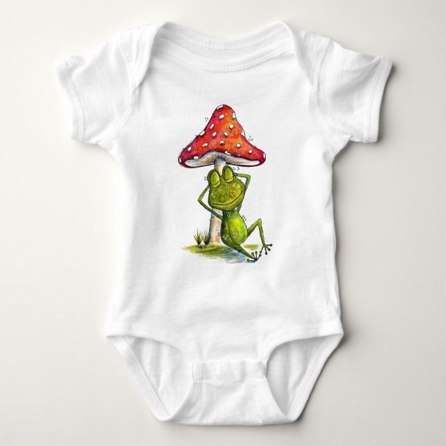 Whimsical Sleeping Frog Under a Mushroom Baby Bodysuit (Front)