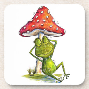 Whimsical Sleeping Frog Under a Mushroom Coaster