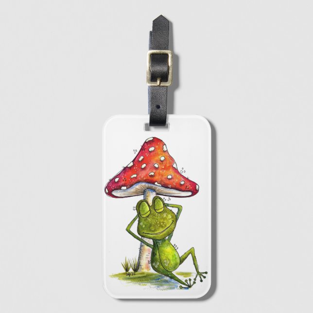 Whimsical Sleeping Frog Under a Mushroom Luggage Tag (Front Vertical)