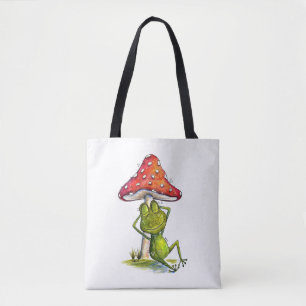 Whimsical Sleeping Frog Under a Mushroom Tote Bag