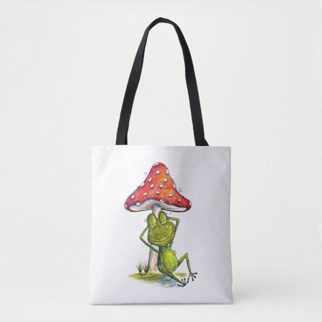 Whimsical Sleeping Frog Under a Mushroom Tote Bag (Front)