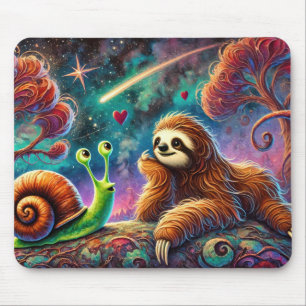 Whimsical Sloth and Snail Under Starry Cosmic Sky Mouse Pad