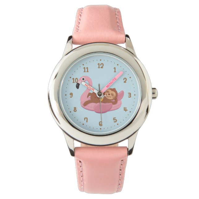 Whimsical Sloth On Pink Flamingo Float Girls Watch (Front)