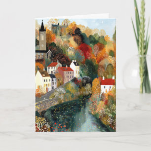 Whimsical Small Town Autumn Scene Hello Greeting Card