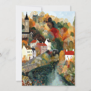Whimsical Small Town Autumn Scene Hello Hi Flat Card