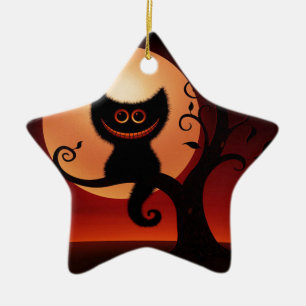 Whimsical Smiling Black Cat Ceramic Tree Decoration