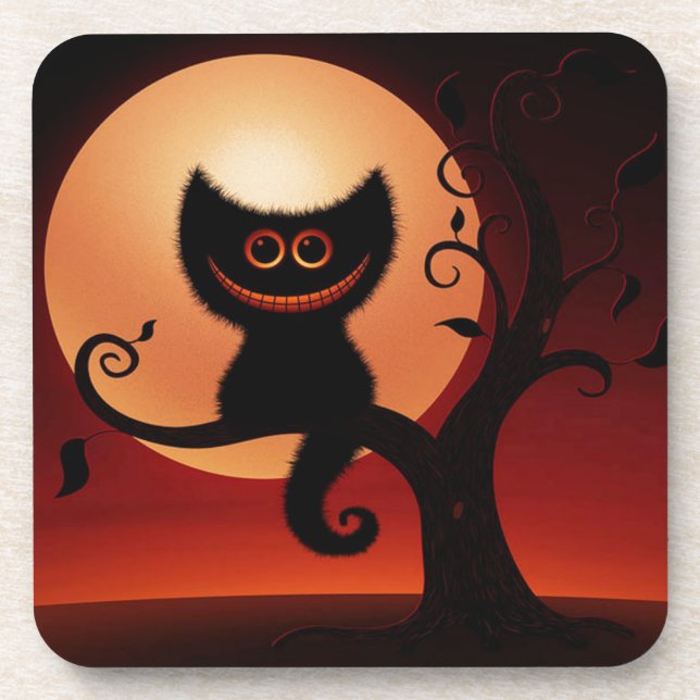 Whimsical Smiling Black Cat Coaster (Front)
