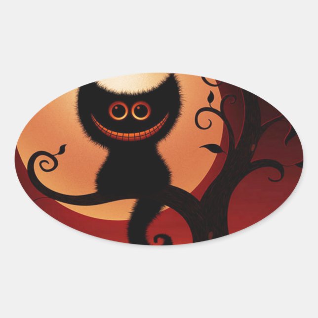 Whimsical Smiling Black Cat Oval Sticker (Front)