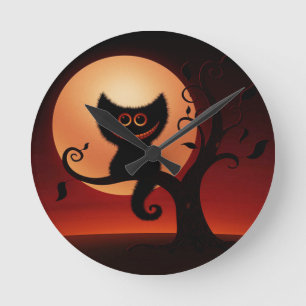 Whimsical Smiling Black Cat Round Clock
