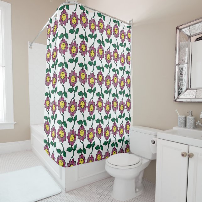 Whimsical Smiling Flower Face Pattern Shower Curtain (In Situ)