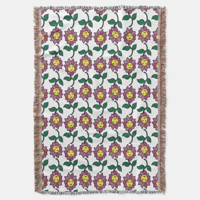 Whimsical Smiling Flower Face Pattern Throw Blanket (Front Vertical)