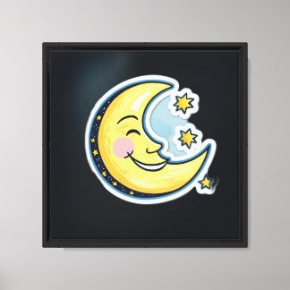 Whimsical Smiling Half Moon and Stars Cartoon Canvas Print