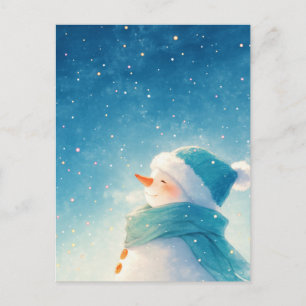 Whimsical Smiling Snowman Under Starry Sky Postcard