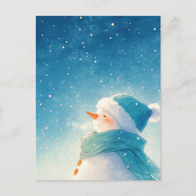 Whimsical Smiling Snowman Under Starry Sky Postcard (Front)